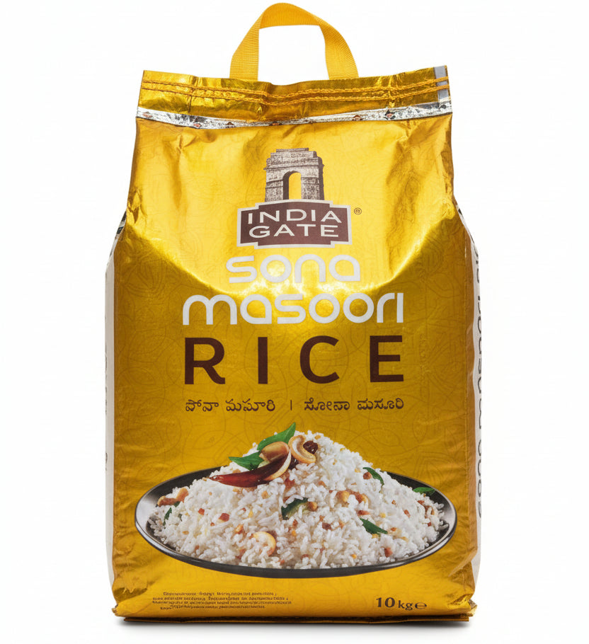 Gold-colored bag of India Gate Sona Masoori Rice on a wooden surface
