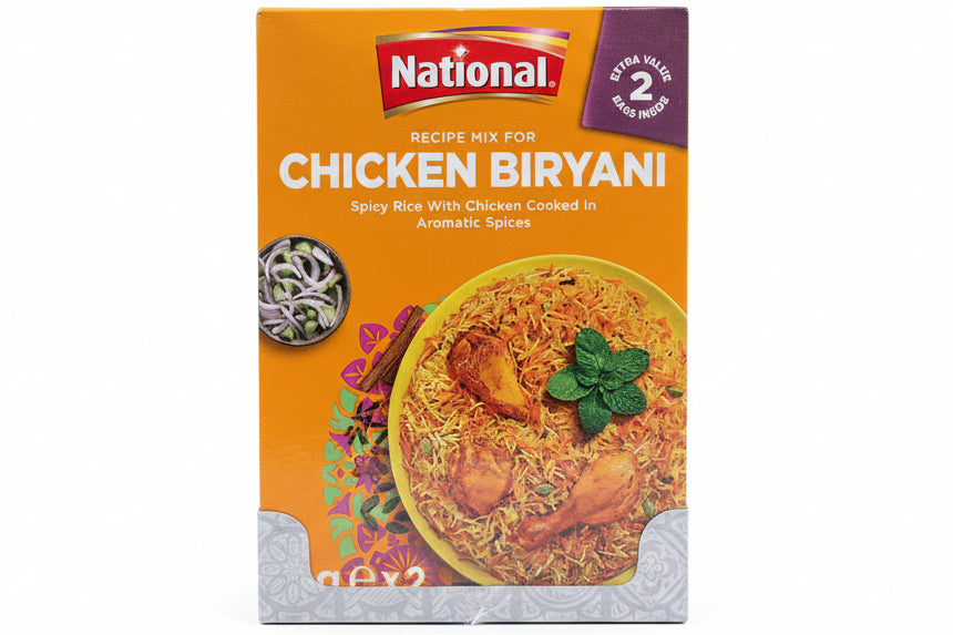 Box of National Chicken Biryani mix on a white background