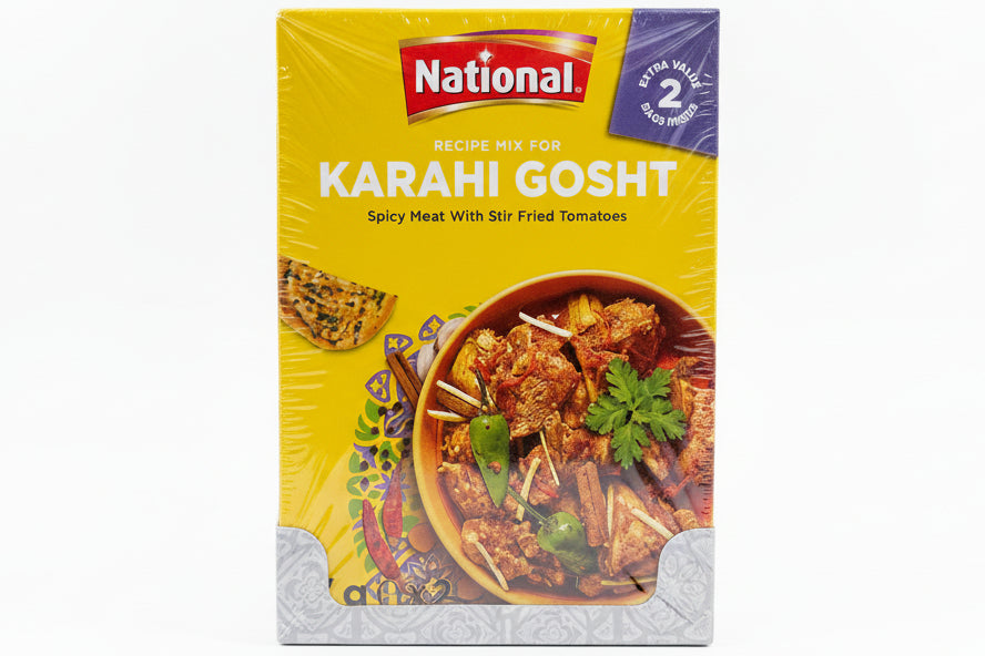 Box of National Karahi Gosht recipe mix on a white surface
