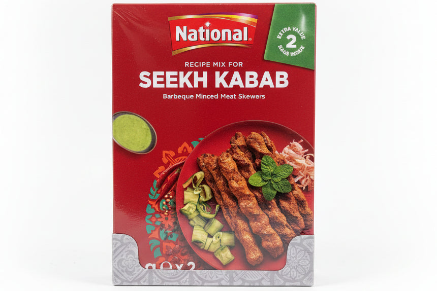 National Seekh Kabab recipe mix packaging on a white surface