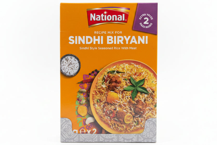 Box of National Sindhi Biryani recipe mix on a white surface