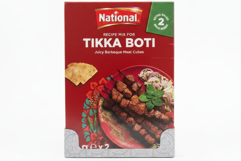 National Tikka Boti recipe mix packaging on a white surface