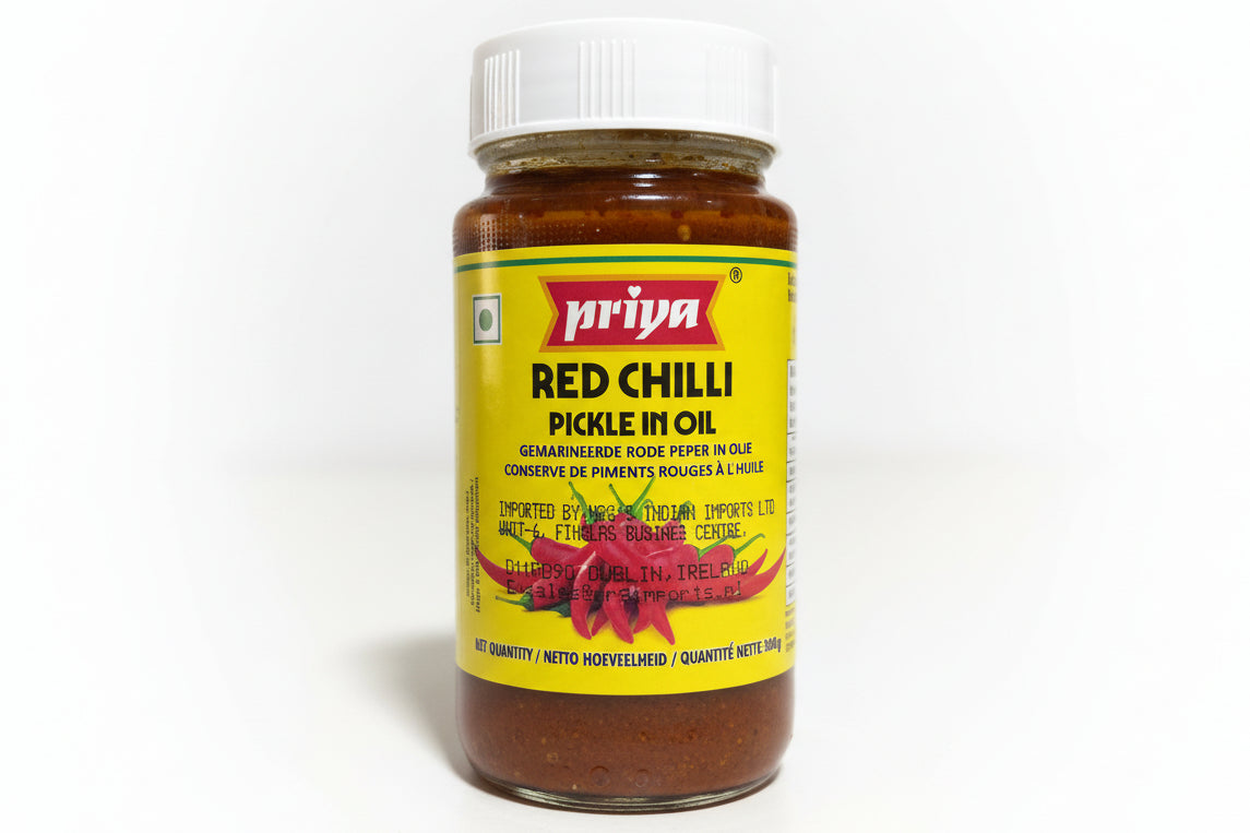 Jar of Priya Red Chilli Pickle in Oil on a white background