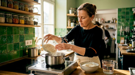 In de keuken schenkt een vrouw basmatirijst in een pan.