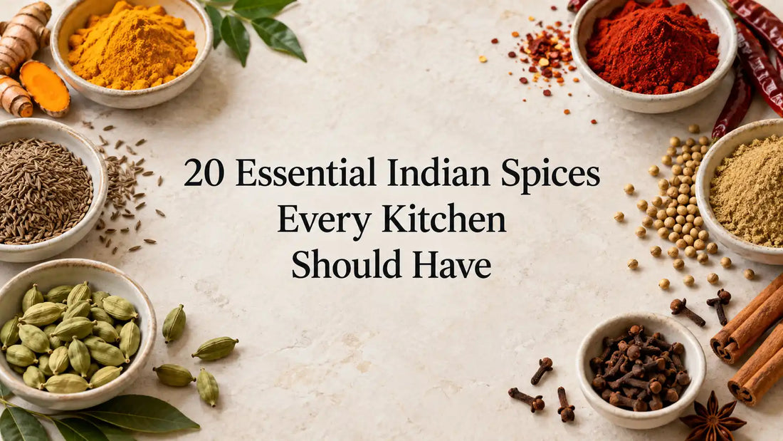 Indian whole spices and colourful spice powders surrounding the title 20 Essential Indian Spices Every Kitchen Should Have.