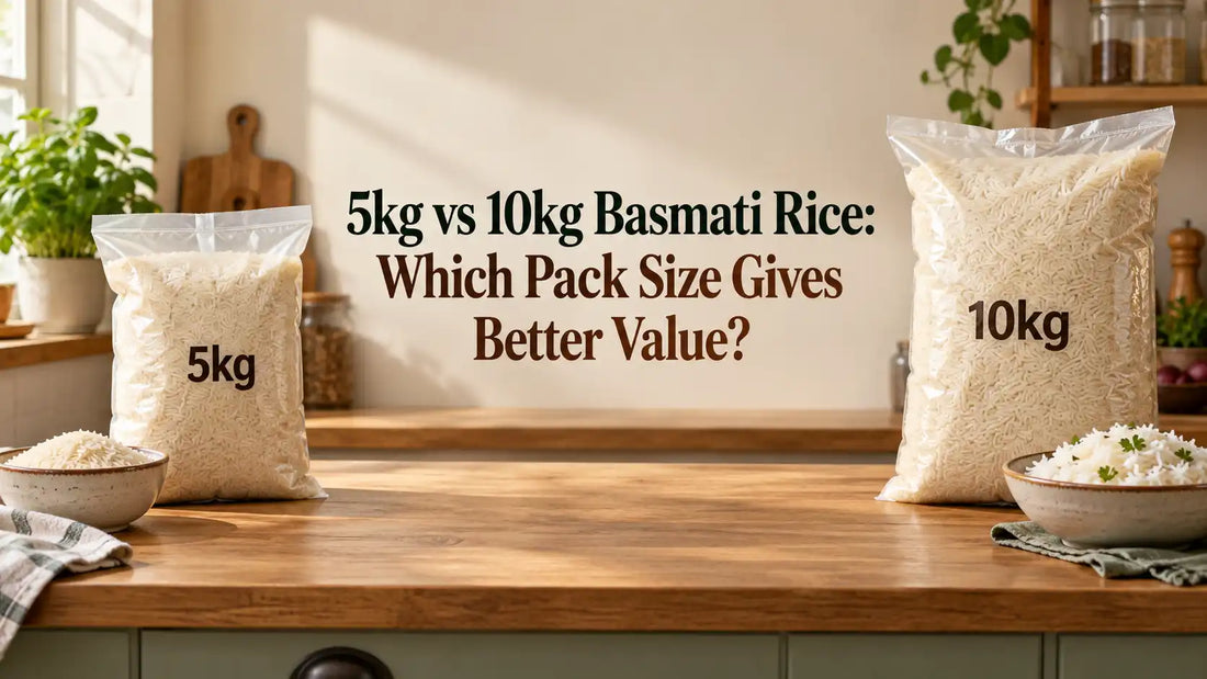 5kg and 10kg basmati rice bags beside uncooked grains and a bowl of cooked basmati rice.