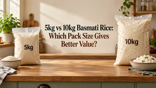 5kg and 10kg basmati rice bags beside uncooked grains and a bowl of cooked basmati rice.
