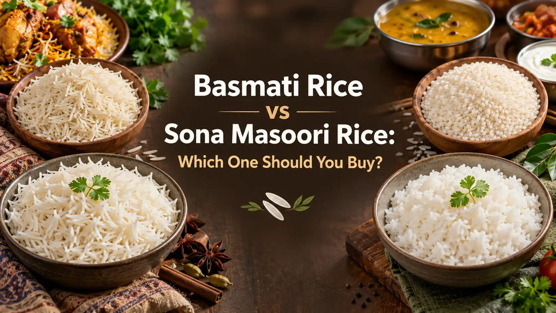 Basmati rice and Sona Masoori rice comparison showing long aromatic basmati grains and softer medium-grain Sona Masoori rice.