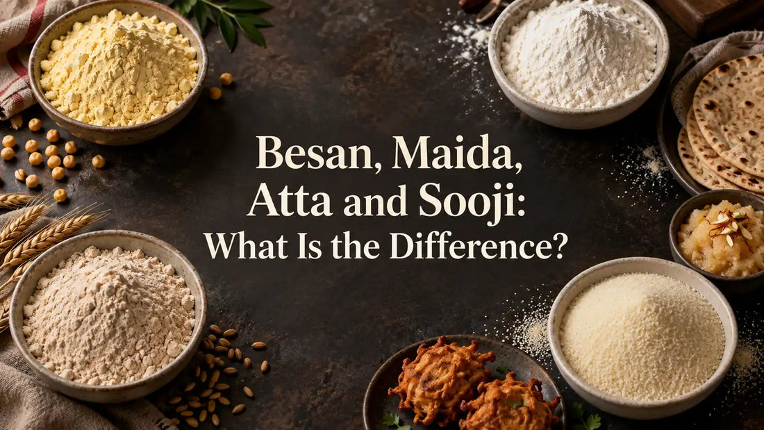 Besan, maida, atta and sooji in bowls showing their different colours and textures.