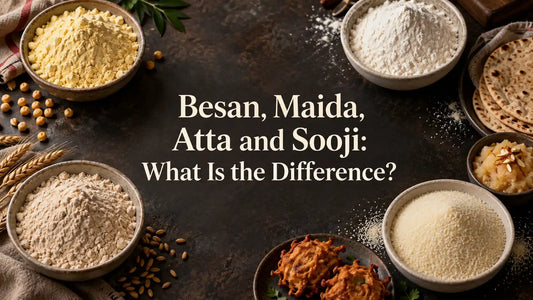 Besan, maida, atta and sooji in bowls showing their different colours and textures.