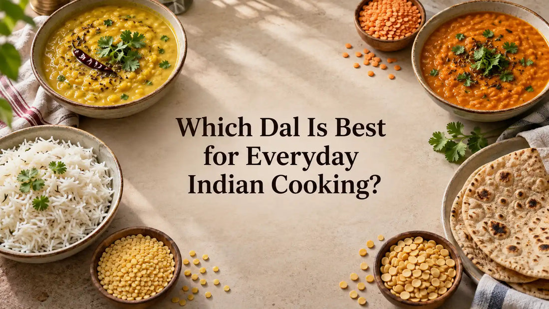 Bowls of homemade dal and rice surrounding the title Which Dal Is Best for Everyday Indian Cooking?