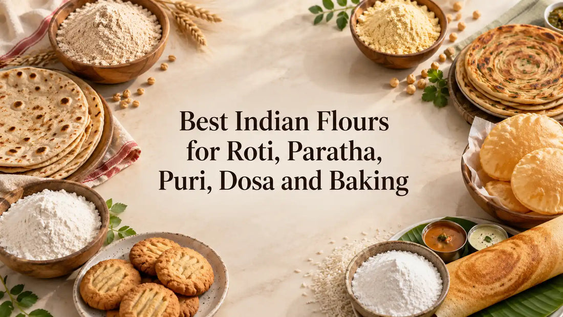 Indian flours with roti, paratha, puri, dosa and homemade biscuits around the blog title.