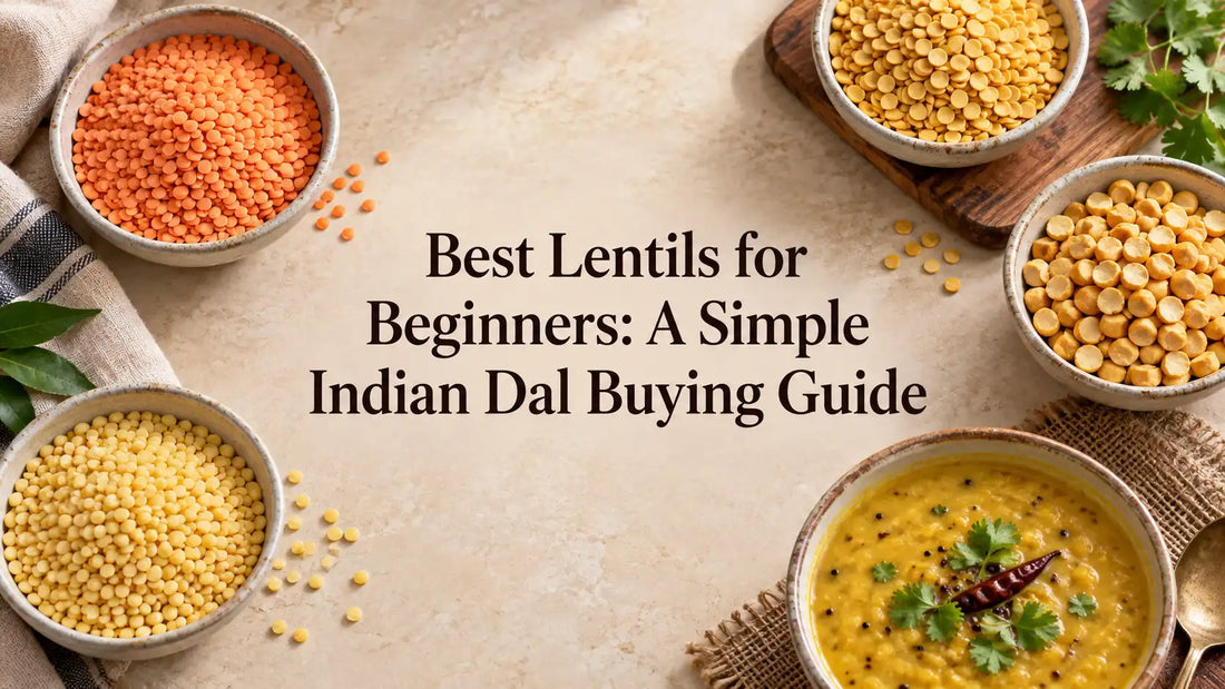 Bowls of red masoor, yellow moong, toor and chana dal around the title Best Lentils for Beginners: A Simple Indian Dal Buying Guide.