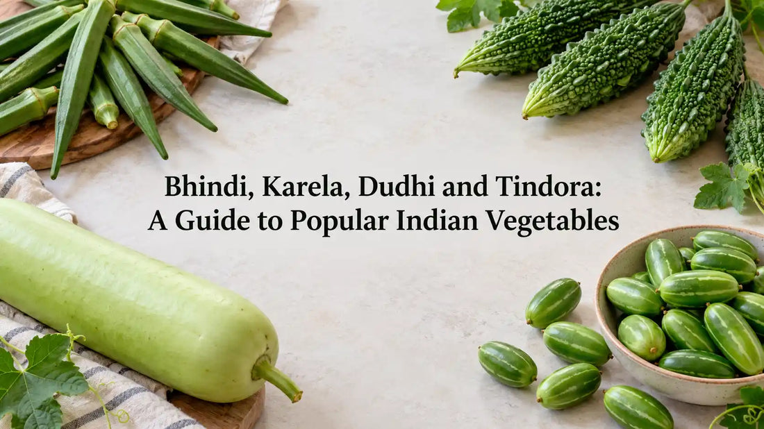 Bhindi, karela, dudhi and tindora arranged around the title Bhindi, Karela, Dudhi and Tindora: A Guide to Popular Indian Vegetables.