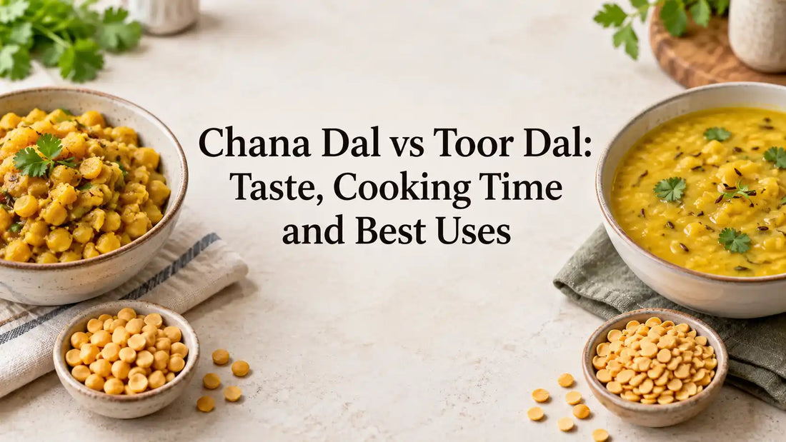 Chana dal and creamy toor dal beside their uncooked pulses, with the title Chana Dal vs Toor Dal: Taste, Cooking Time and Best Uses.