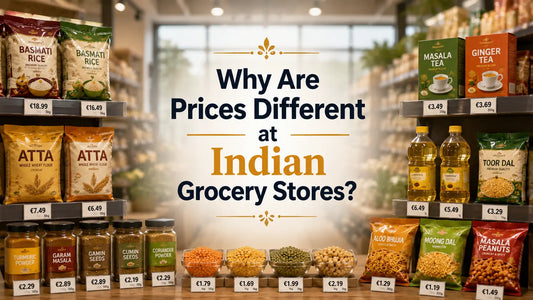 Customer comparing prices of Indian groceries at a store in Europe