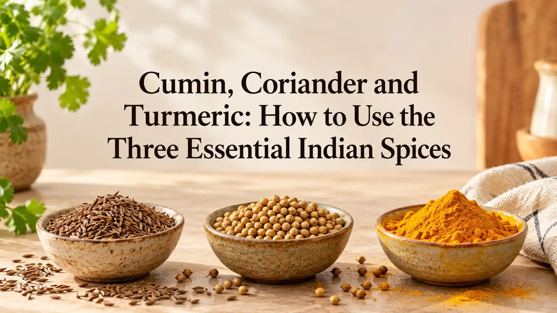 Cumin seeds, coriander seeds and turmeric powder arranged in three bowls for an Indian cooking guide.