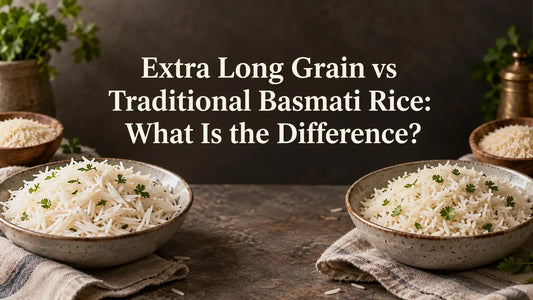 Extra long and traditional basmati rice served in bowls beside uncooked basmati grains.