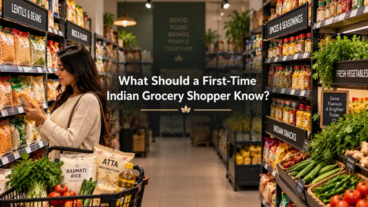 First-time shopper exploring Indian groceries including atta, basmati rice, lentils, spices and fresh vegetables.