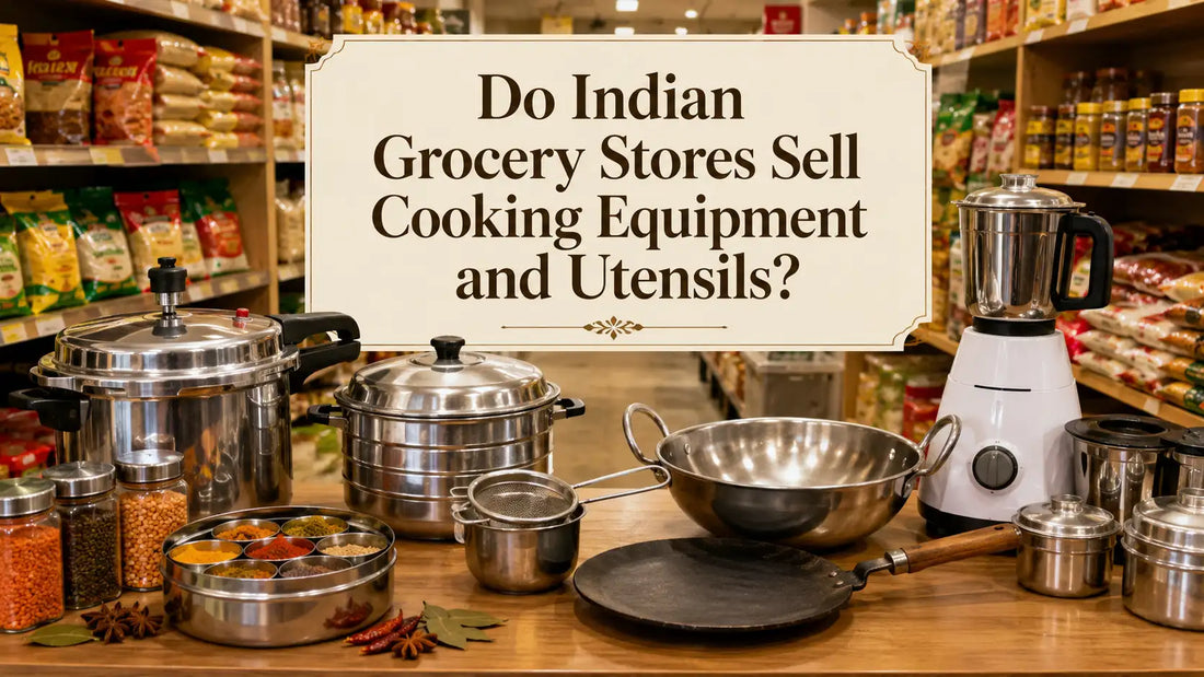 Indian cooking equipment and utensils including pressure cooker, idli steamer, tea strainer and mixer grinder in an Indian grocery store.