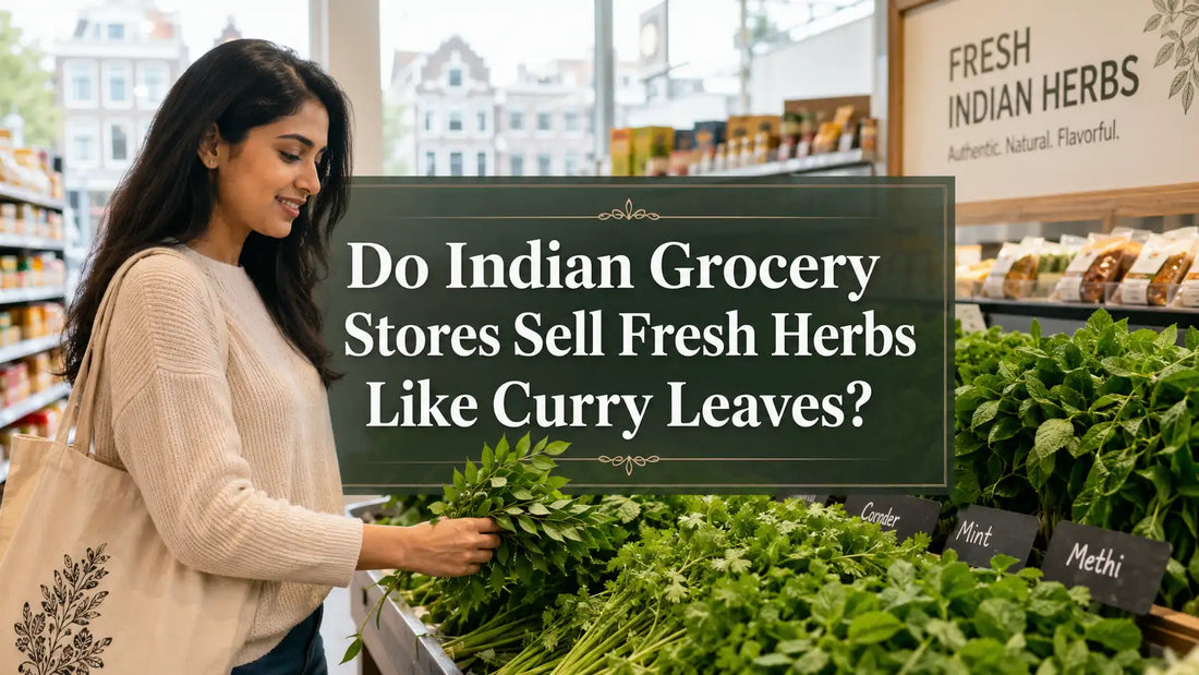 Fresh curry leaves, coriander, mint and methi available at an Indian grocery store in the Netherlands