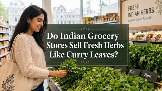 Fresh curry leaves, coriander, mint and methi available at an Indian grocery store in the Netherlands