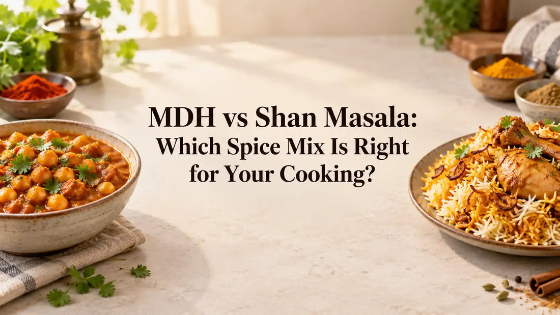 Chickpea curry and chicken biryani framing the title MDH vs Shan Masala: Which Spice Mix Is Right for Your Cooking?