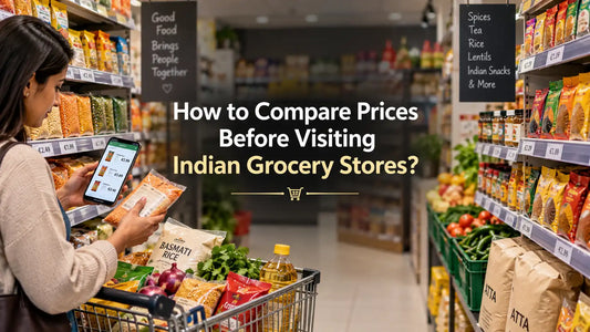 Shopper comparing Indian grocery prices for basmati rice, atta, lentils and spices at an Indian grocery store.