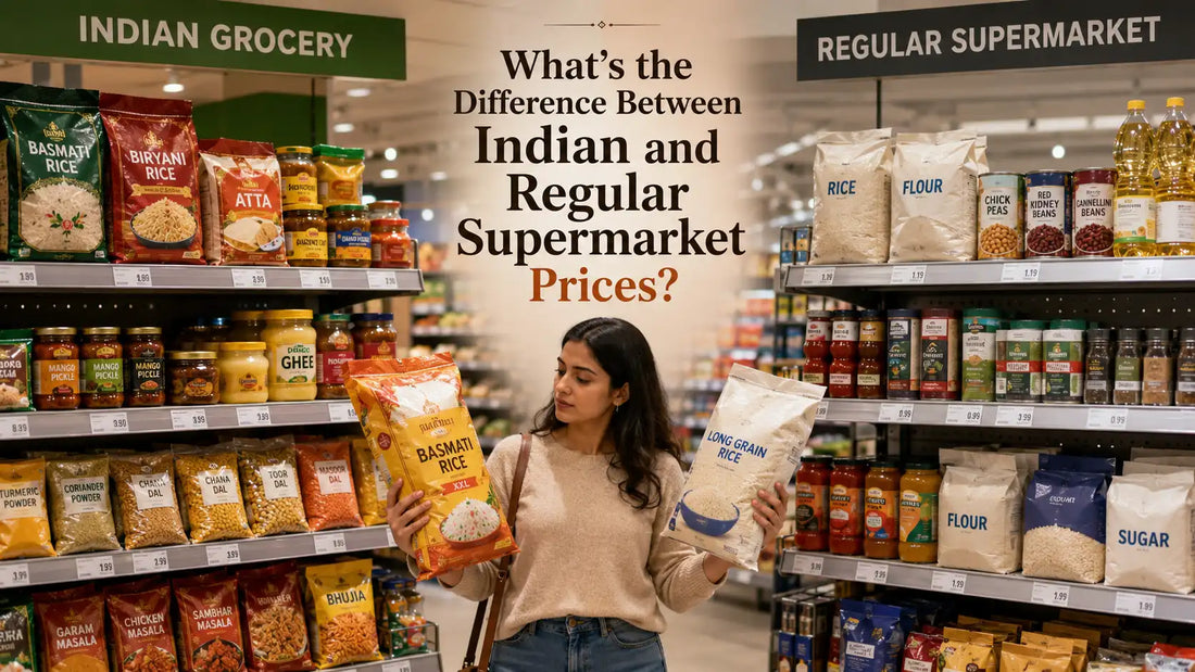 Shopper comparing Indian grocery prices with regular supermarket prices.