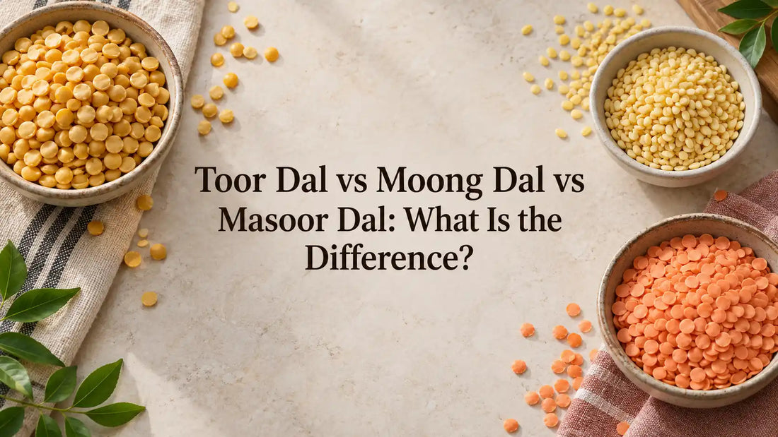 Bowls of yellow toor dal, yellow moong dal and orange masoor dal around the blog title.
