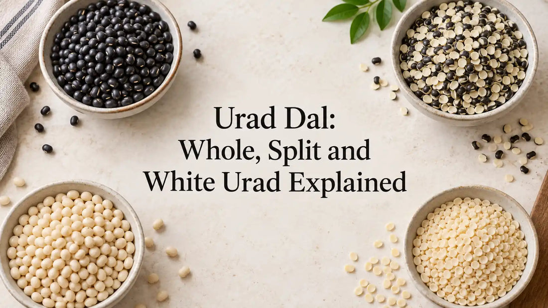 Whole black urad, split urad with skin and white urad arranged around the title Urad Dal: Whole, Split and White Urad Explained.