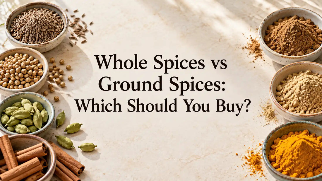 Whole cumin, coriander, cardamom and cinnamon beside ground spices, with the title Whole Spices vs Ground Spices: Which Should You Buy?