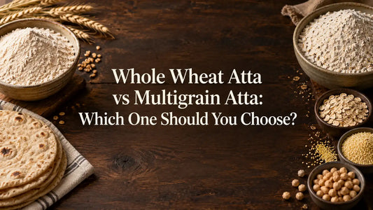 Whole wheat atta and mixed grain flour beside homemade rotis, with the blog title in the centre.