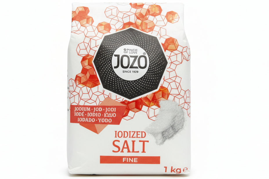 JOZO iodized salt package on a dark background