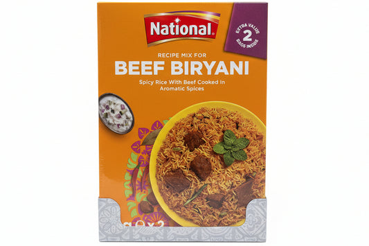 Box of National Beef Biryani mix on a white surface