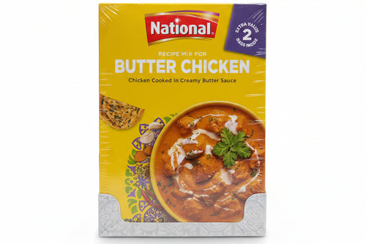 Box of National Butter Chicken recipe mix on a white surface