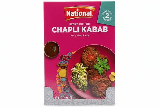 National Chapli Kabab recipe mix packaging on a white surface