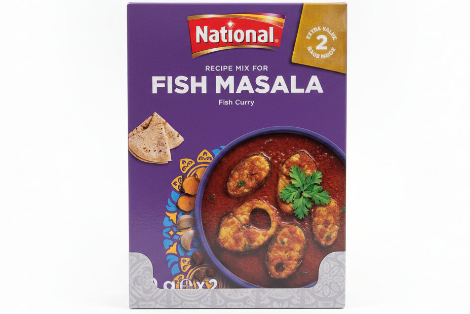 Box of National Fish Masala recipe mix on a white background