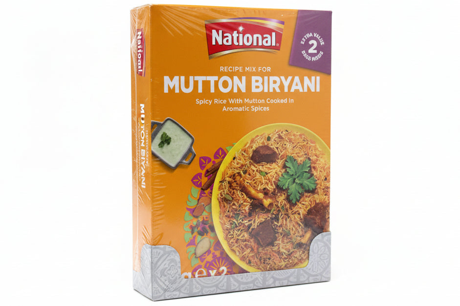 Box of National Mutton Biryani mix on a white surface