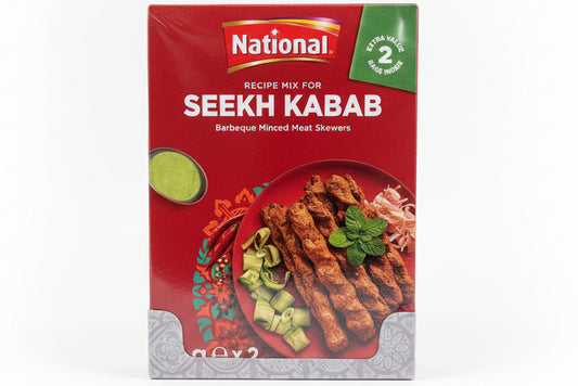 National Seekh Kabab recipe mix packaging on a white surface