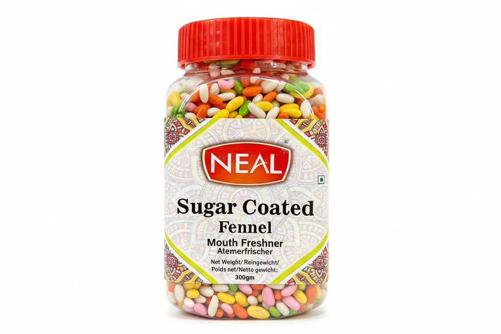 Jar of Neal brand sugar-coated fennel on a dark background