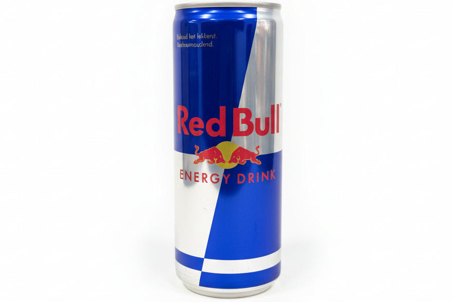 Red Bull energy drink can on a white surface