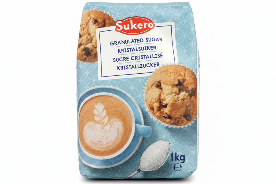 Sukero sugar package with a cup of coffee and cookies on a dark background