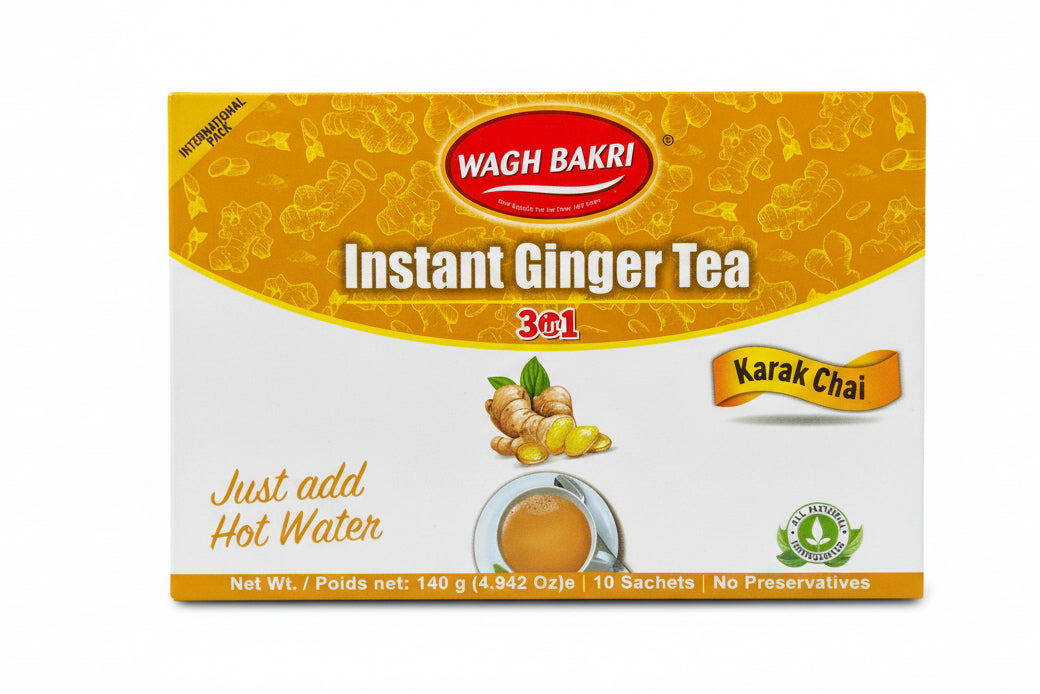 Wach Bakri Instant Ginger Tea package on a dark gray background