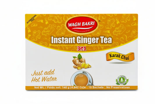 Wach Bakri Instant Ginger Tea package on a dark gray background