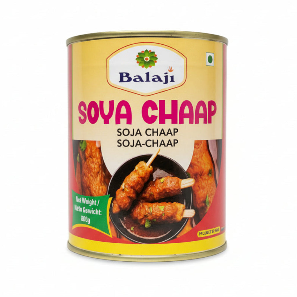 Can of Balaji Soya Chaap on a white background