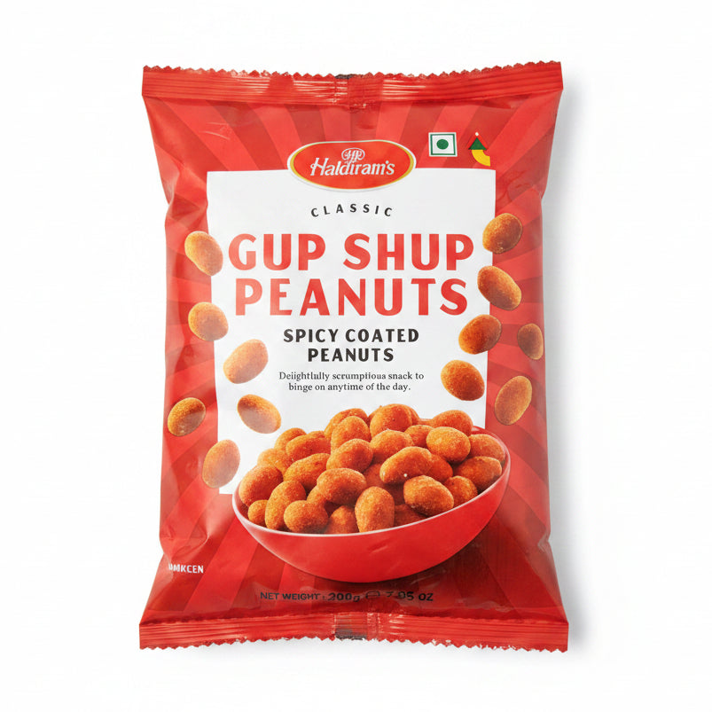 A bag of haldiram Classic Gup Shup Peanuts (Spicy Coated Peanuts) in red packaging.