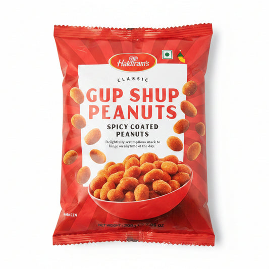 A bag of haldiram Classic Gup Shup Peanuts (Spicy Coated Peanuts) in red packaging.