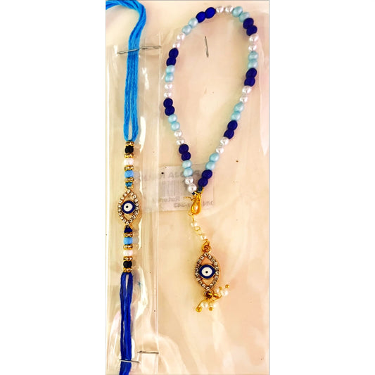 Buy Bhai Bhabhi Evil Eye Blue Pearl Lumba Set Rakhi Online