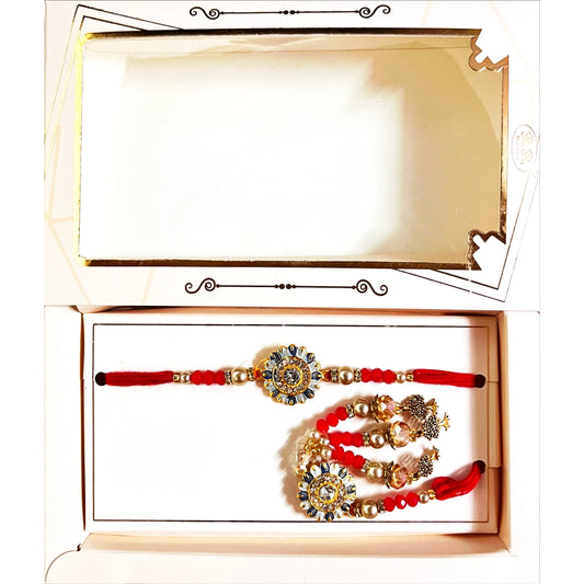 Buy Bhai Bhabhi Floral Golden Blue Pearl Set Rakhi Online